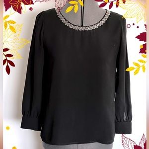 Elodie Black Semi-Sheer Bead Trimmed Blouse Size S